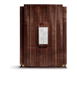 Merles &amp; raisins cabinet in numbered edition, clear crystal, walnut and inox golden satin steel - Lalique